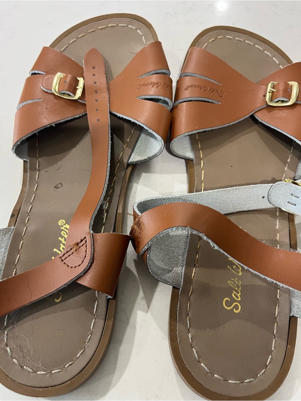 Women's Tan Leather Buckle Slide Sandals with Cross Straps